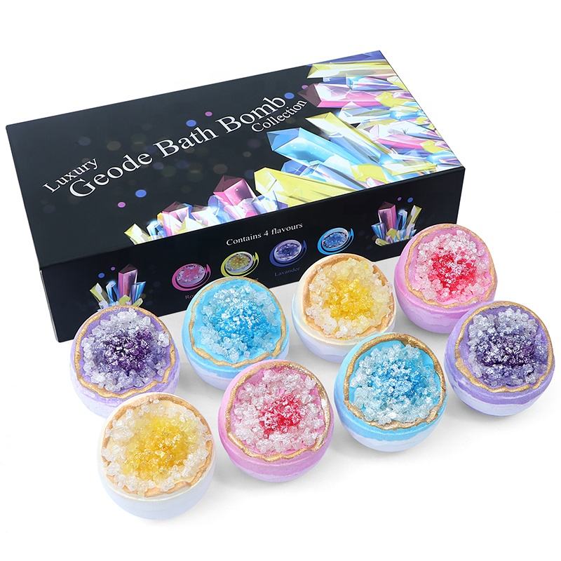 Luxury wholesale manufacturers bath sea salt colorful fizzy organic cbd shimmer crystal geode wholesale bath bombs OEM